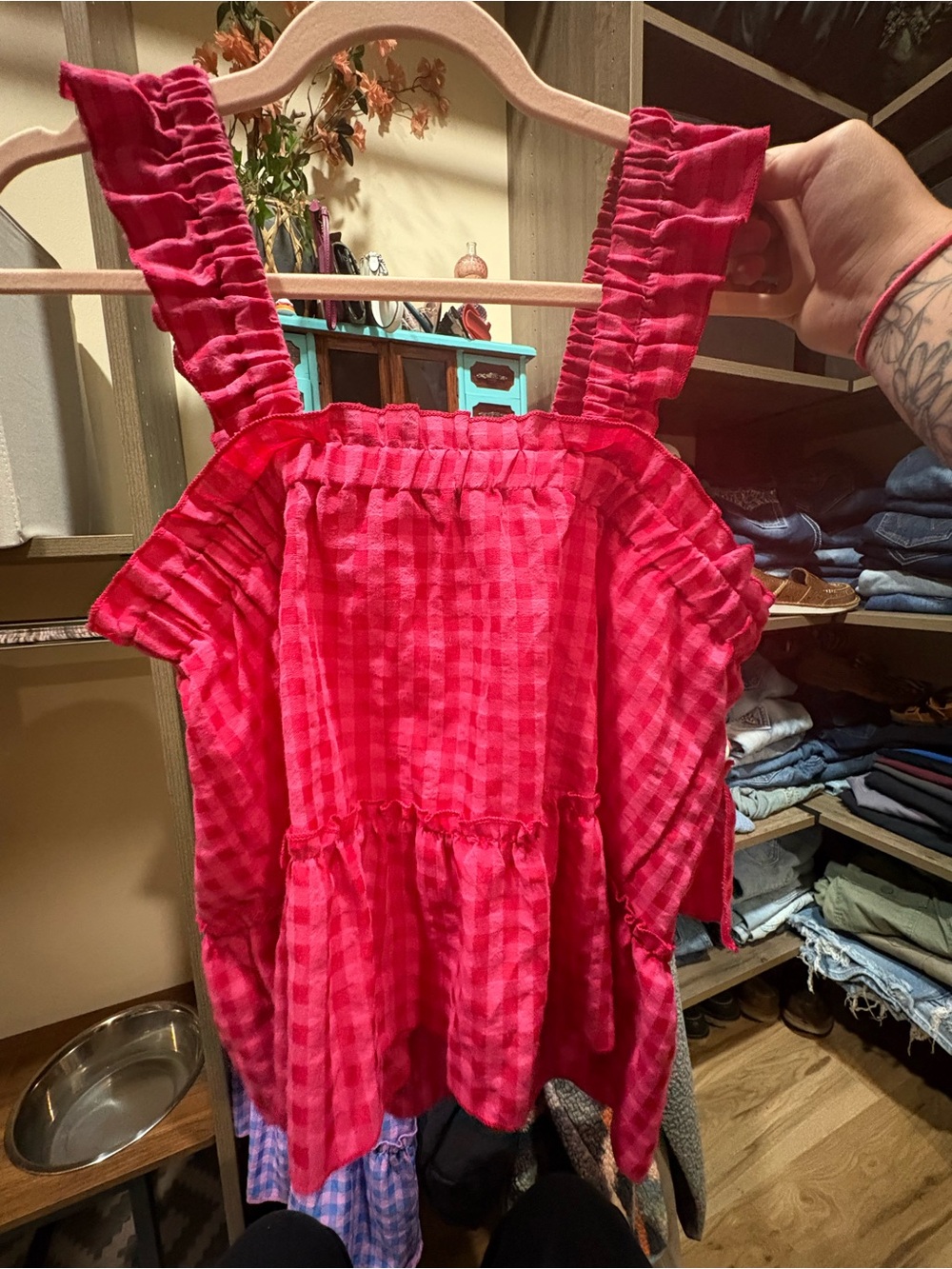 Hot Pink Gingham Ruffled Strap Babydoll Top